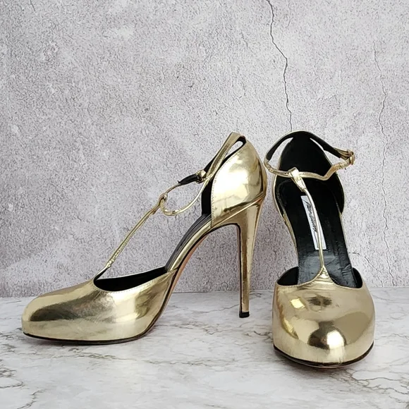 Brian Atwood. Gold Metallic Leather, T Strap Pumps Heels - Picture 7 of 16